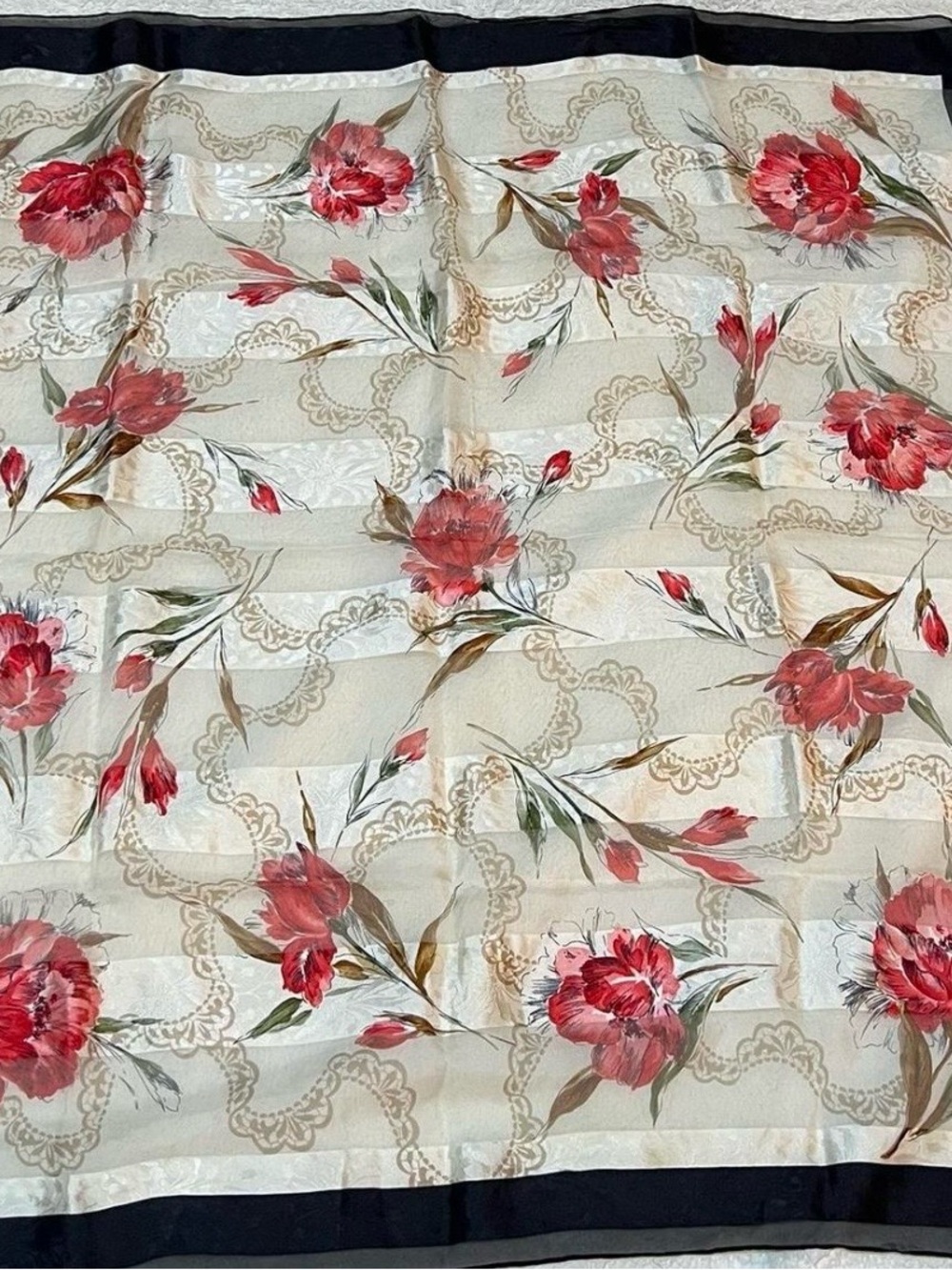 Renoma Paris Vintage Silk Scarf Red & Cream Floral w/Black Border